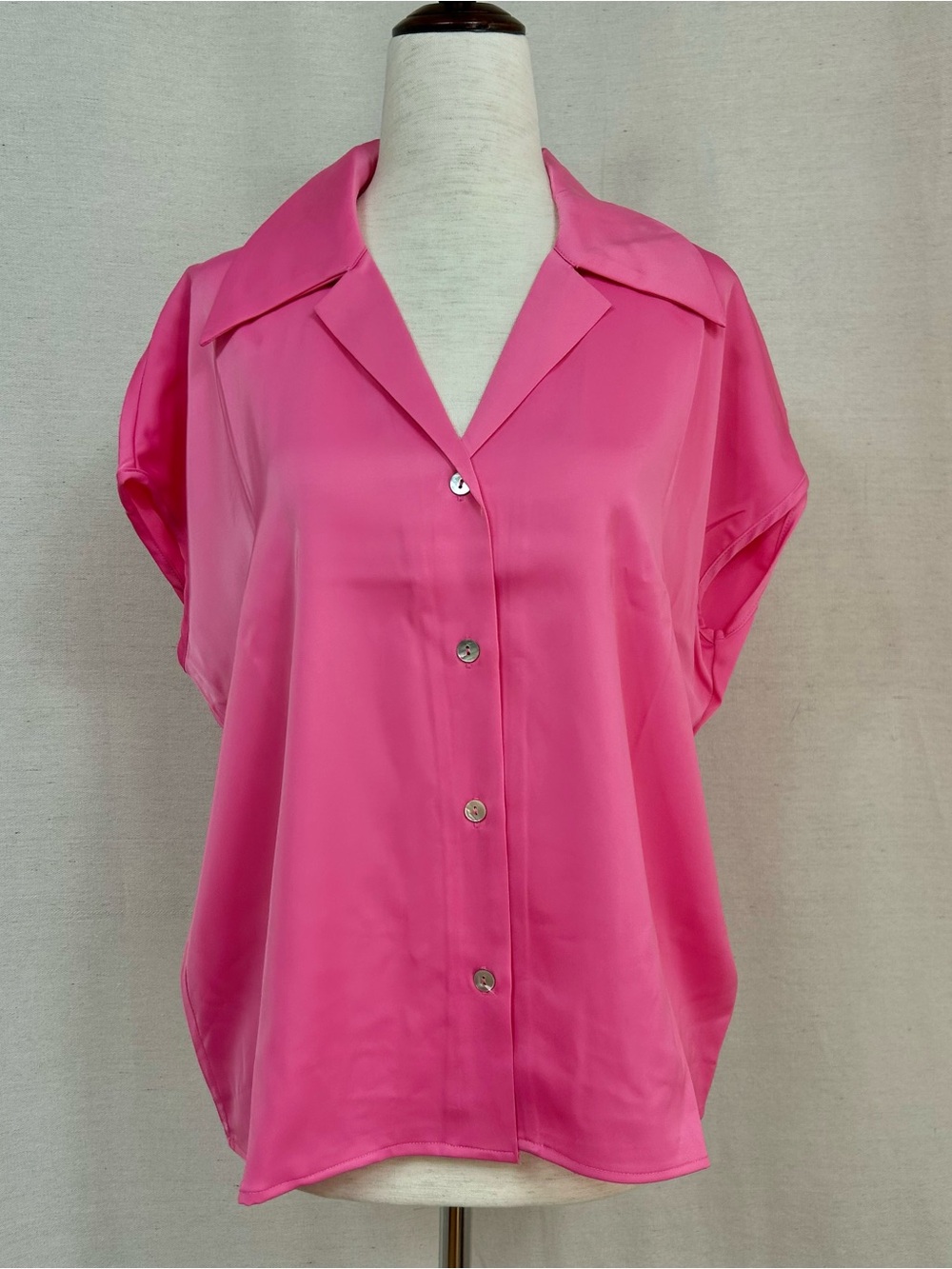 Rachel Zoe Pink Satin Short Sleeve Button-Down Blouse